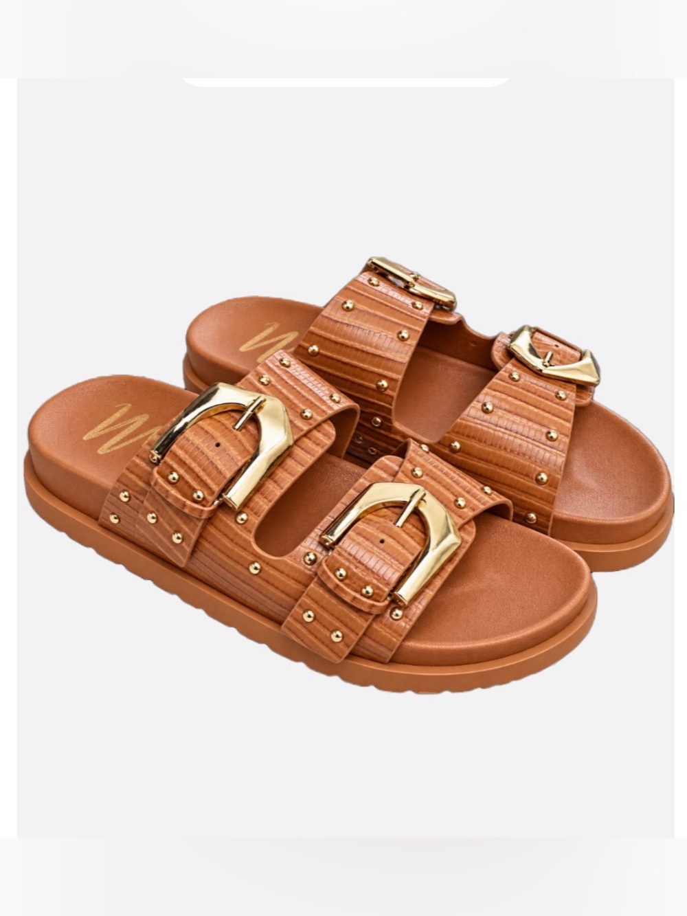 Naughty Monkey Not Rated Tan Double-Buckle Slide Sandals with Gold Hardware